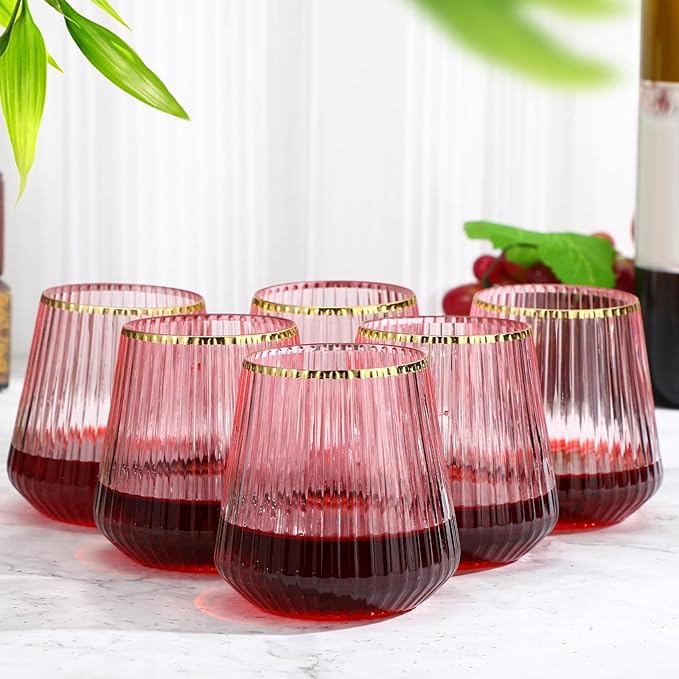 24 Pcs Pink Plastic Wine Glasses Ribbed Disposable Wine Glasses Unbreakable - Image 4