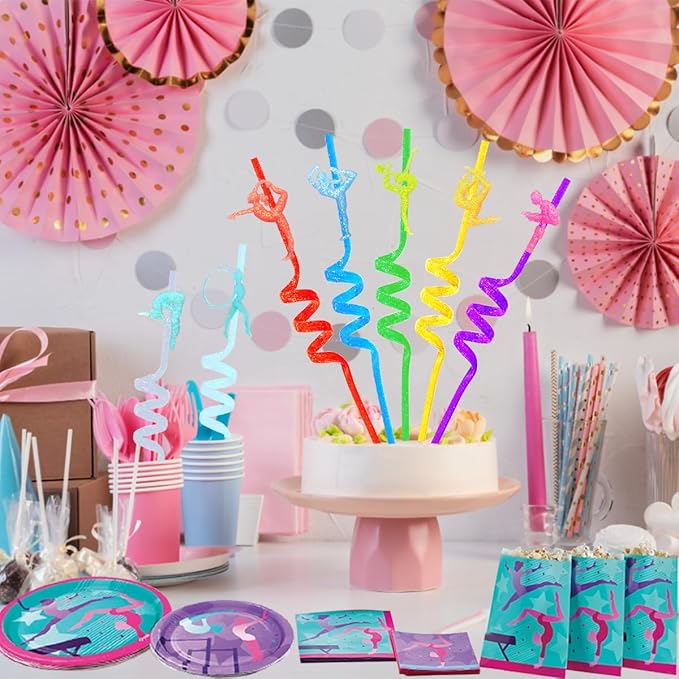 24 Reusable Gymnastics Party Glitter Straws, Cartoon Dance Aerobics Decoration - Image 2