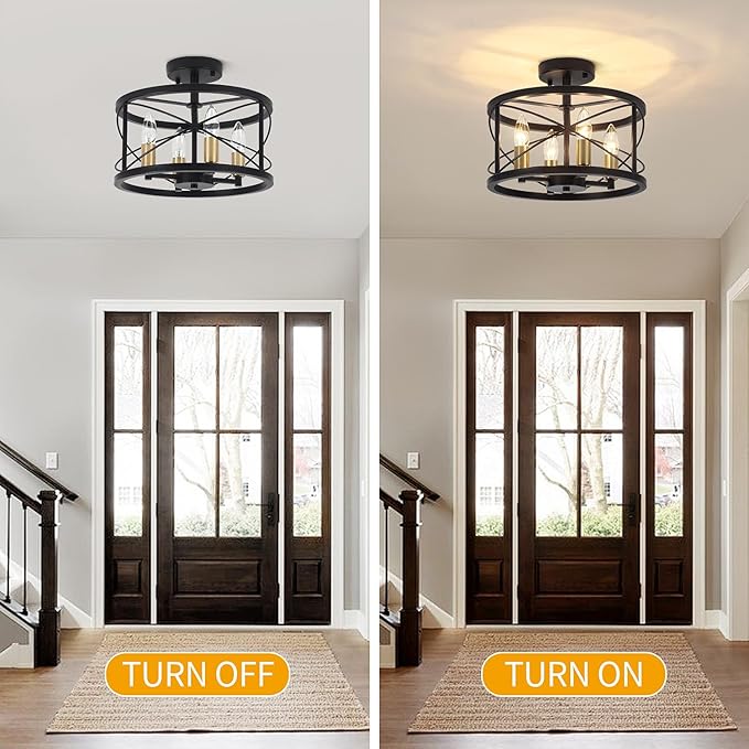 Black and Brushed Gold Semi Flush Mount Ceiling Light, Farmhouse Modern Light - Image 8
