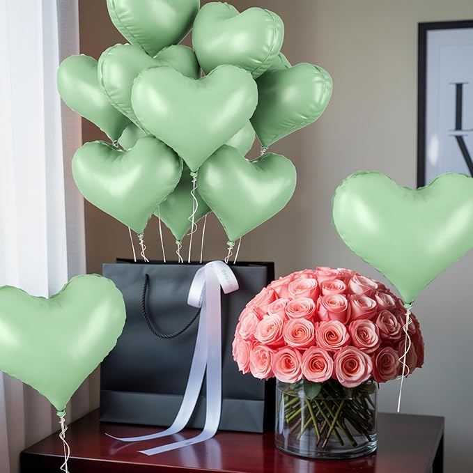 20 Inch Sage Green Heart Balloons, Pastel Green Helium Balloon - Image 6
