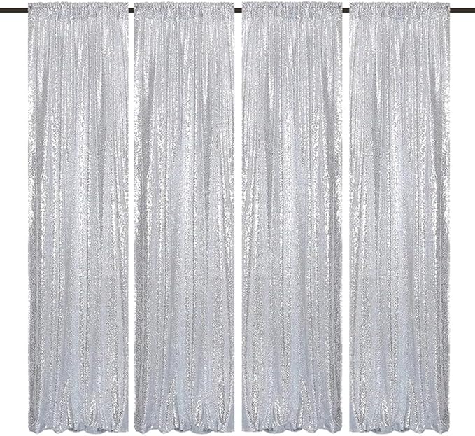 Silver Sequin Backdrop Curtains 4 Panels 2FTx8FT Wedding Photo Backdrop Glitter by HMQIANG