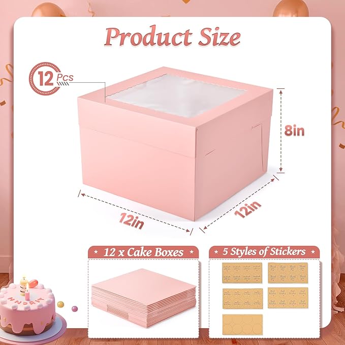 12Pcs Cake Boxes, Large Pink Disposable Tier Cake Containers - Image 3