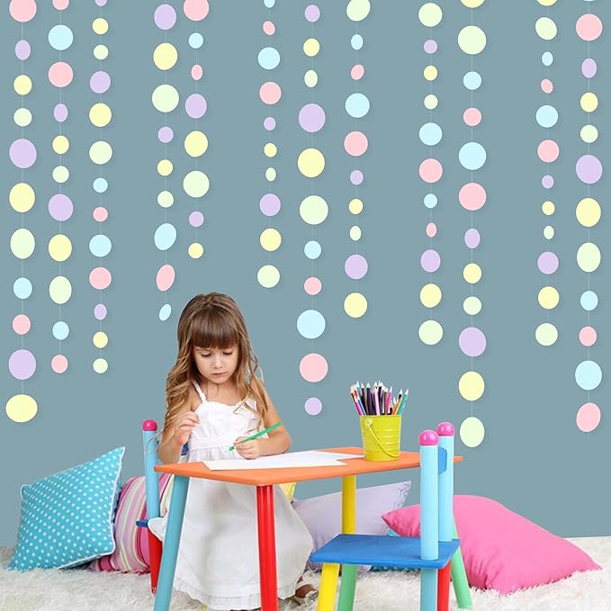 Pastel Party Decorations Blue Purple Pink Yellow Green Circle Dots Garland - Image 4