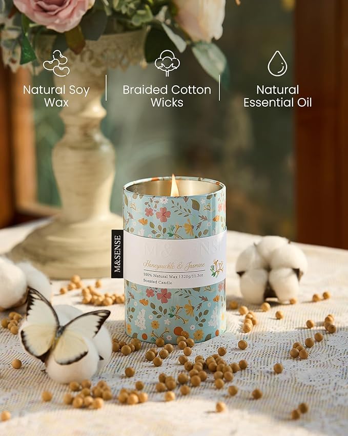 M&SENSE Honeysuckle Jasmine Scented Candle, Medium Jar Candle 11.3oz Natural - Image 3