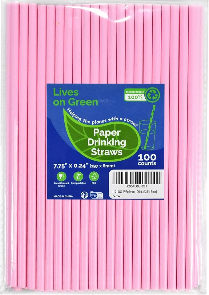 Solid Pink Disposable Paper Drinking Straws 7.75 inch 100 Counts by LivesonGreen