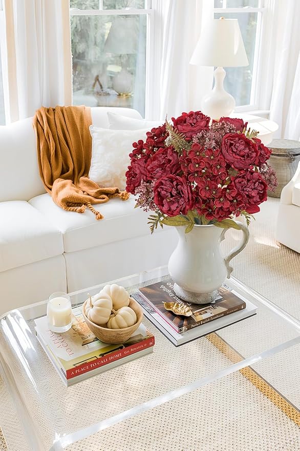Hollyone 2 Bundles Artificial Fall Flowers Bouquet 18.8" Red Peony Hydrangea - Image 7