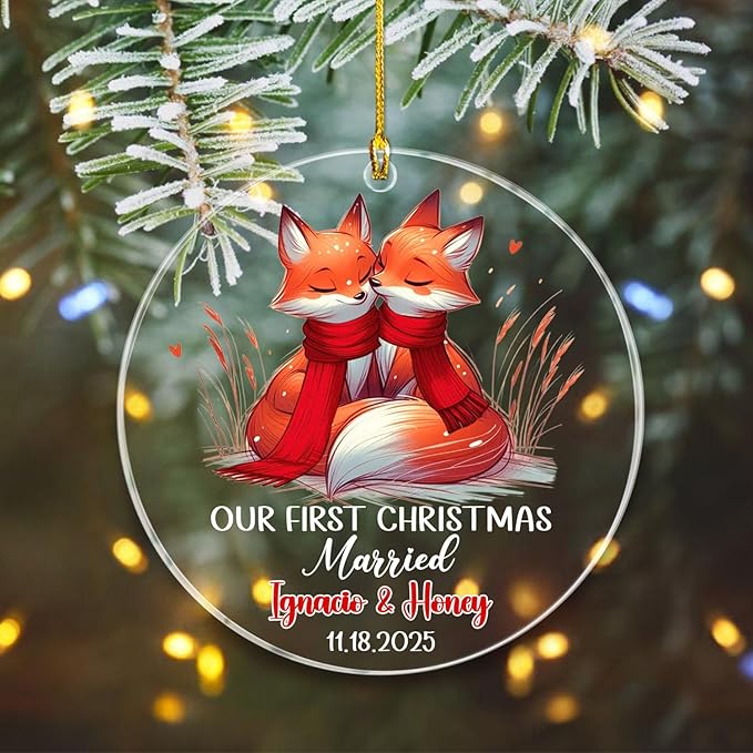 Personalized Date/Name Mr & Mrs Fox Married Christmas Ornament 2025, Our First - Image 3