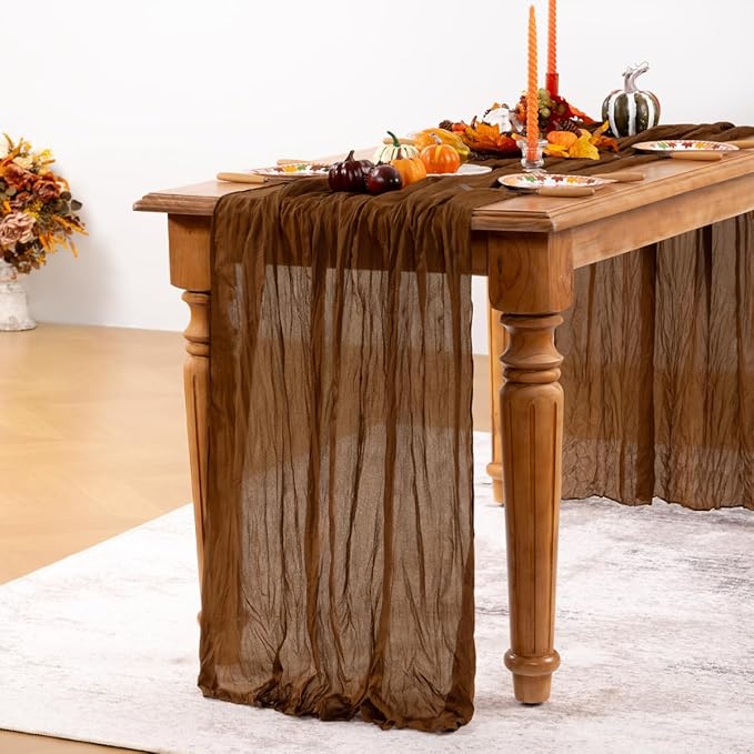Brown Cheesecloth Table Runner Tan Fall Table Runner Boho Gauze 120 Inches - Image 3