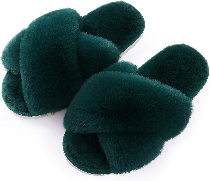 Evshine Women's Fuzzy Slippers Cross Band Memory Foam House Slippers Open Toe by Evshine