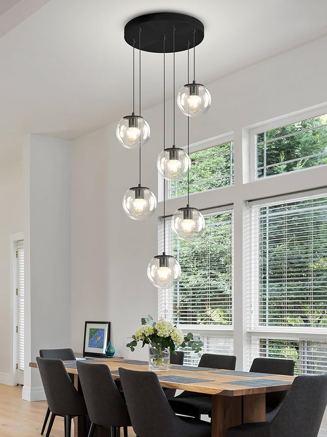 H 87in Modern Glass Globe Chandelier 6-Lights Glass Pendant Light - Image 2