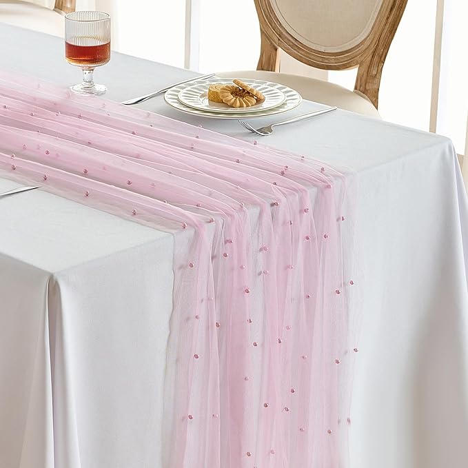 Fanami 6 Pack Pearl Table Runner -10FT Blush Pink Boho Tulle Table Runners 120 by Fanami