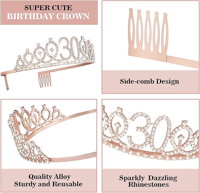 30th Birthday Decorations for Her, Including Sash, Crown/Tiara, Cake Topper - Image 5