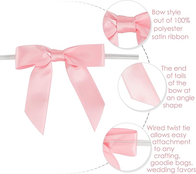 AIMUDI Baby Pink Satin Ribbon Twist Tie Bows 2.5" Light Pink Pretied Bows - Image 3