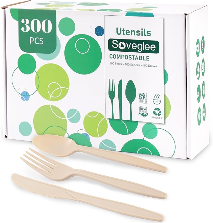 100% Compostable Silverware, Light Brown Plastic Silverware 100 Forks 100 by SOVEGLEE