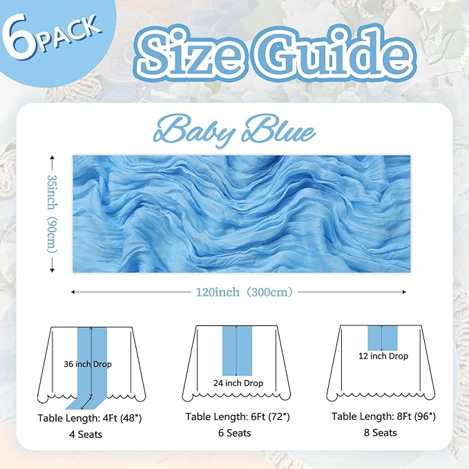 6 Pack Baby Blue Fall Table Runner 10ft Boho Gauze Fabric Cheesecloth Table - Image 2