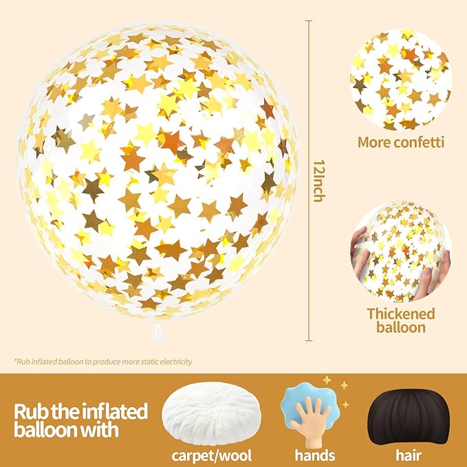 VHUWE 25 Pcs Gold Star Confetti Balloons, 12 Inch Clear Latex Balloon - Image 2