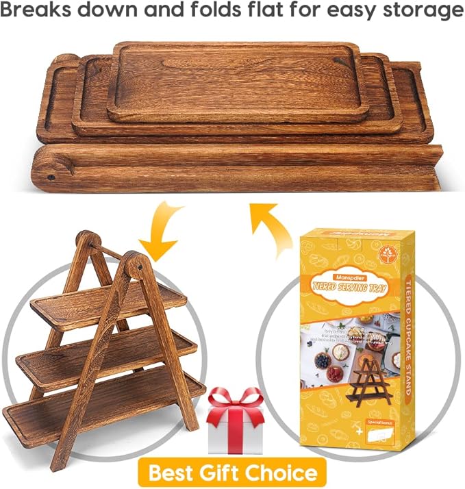 Manspdier Wood 3 Tier Serving Tray Three Tiered Serving Stand, Rectangle - Image 6