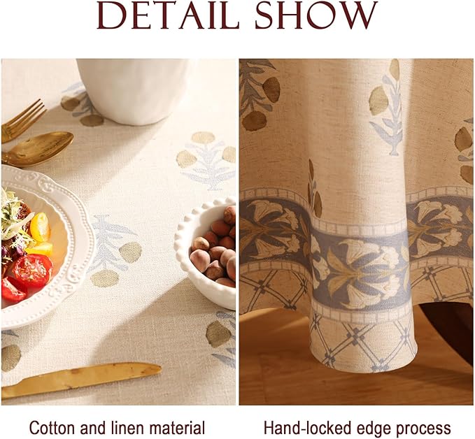 patdrea Designer Beige Round Tablecloth, Vintage Linen Yellow Floral Pattern - Image 5