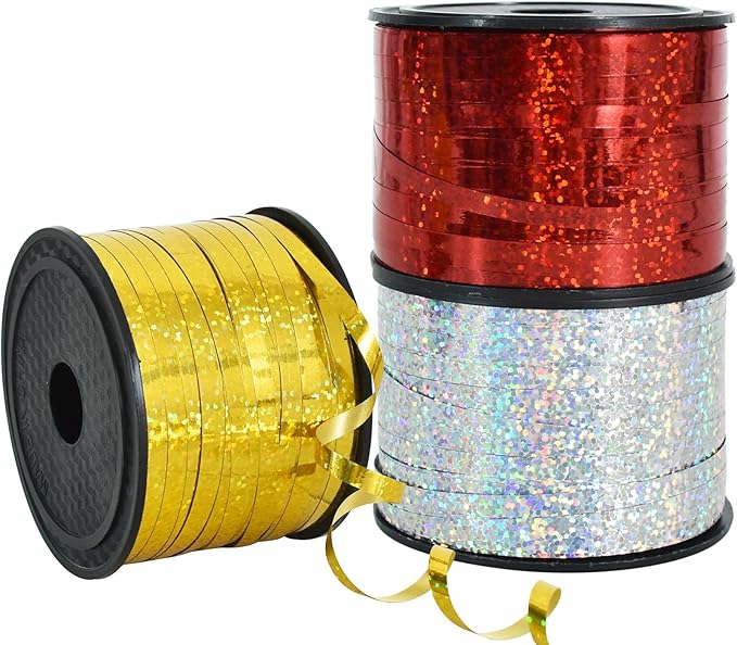 BEISHIDA 3 Pack 100 Yards Gold Silver Red Curling Crimped Glitter Ribbon by Beishida