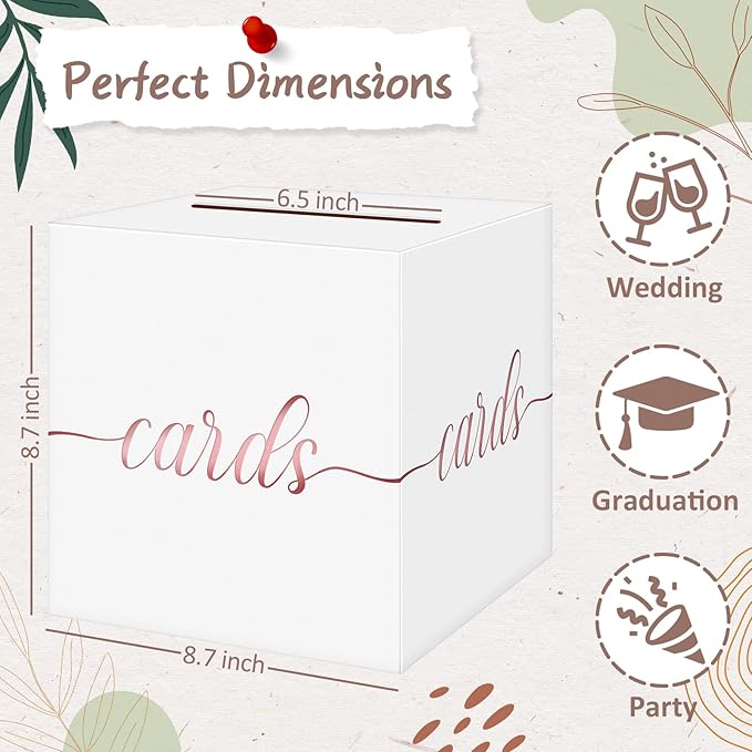 QIKSION White Wedding Card Box, Rose Gold Foil Gift Card Box - Image 4
