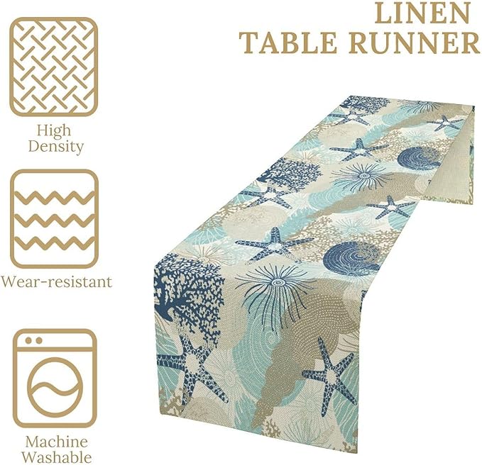 Nautical Coastal Table Runner，Ocean Themed Starfish Coral Conch Beach Kitchen - Image 5
