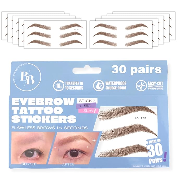 Bliss and Beyond USA Eyebrow Tattoo Stickers Waterproof – 30-Pair Deluxe Box | by BlissandBeyondUSA