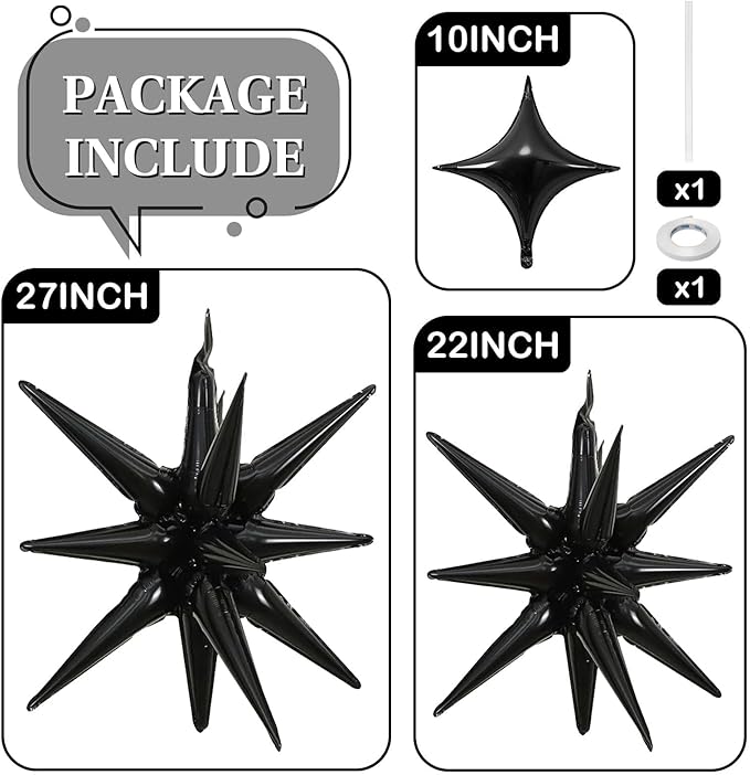Black Star Balloons 12pcs, 27/22 Inch Foil Star Explosion Balloons, Large Spike - Image 7