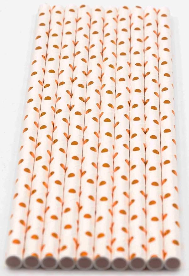 Pack of 150 Rose Gold Polka Dot Foil Biodegradable 4-Ply Paper Drinking Straws - Image 2