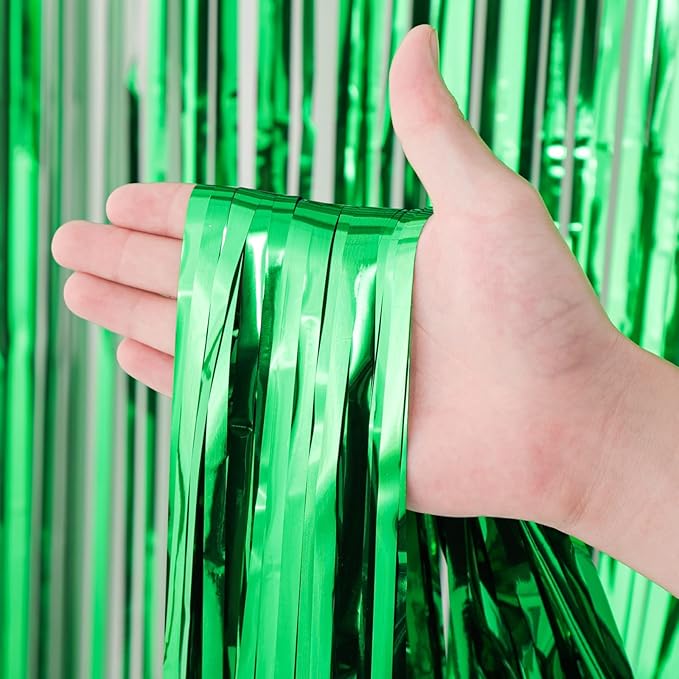 3 Pack 3.3x8.2 Feet Green Foil Fringe Backdrop Curtains, Tinsel Streamers - Image 2