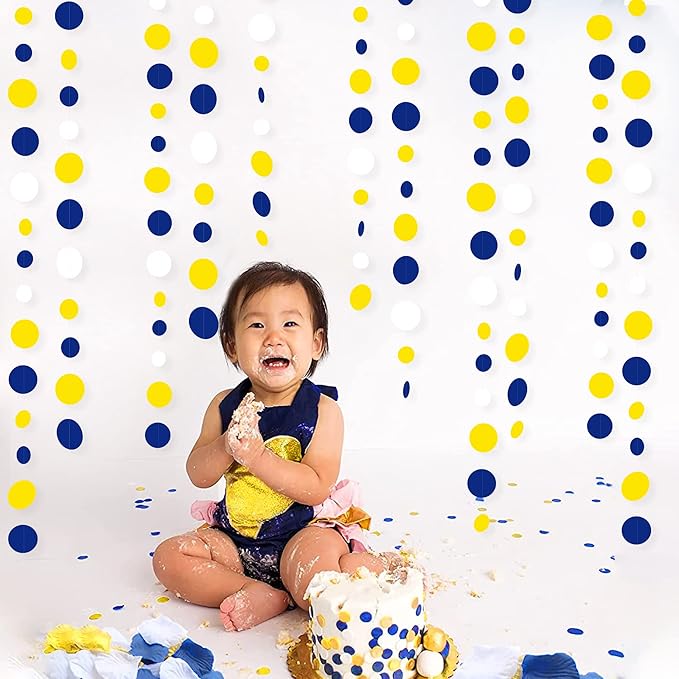 46Ft Navy Blue and Yellow Circle Dots Garland Royal Blue Yellow White Hanging - Image 5