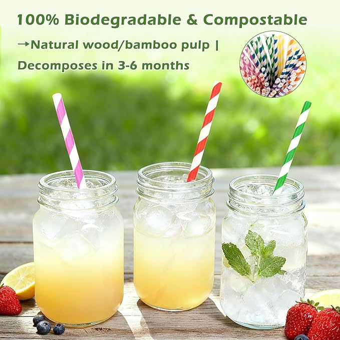 100 Pack Striped Paper Straws for Drinking– Sturdy & Non-Soggy – 100% - Image 2