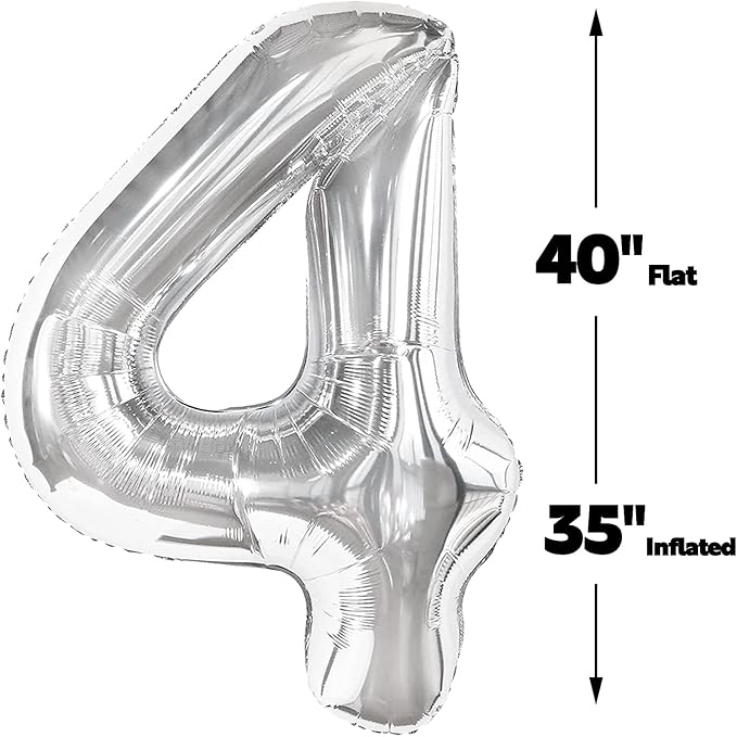 40 Inch Silver Large Number 4 Birthday Balloon, Giant Number Four 14 24 34 40 - Image 2