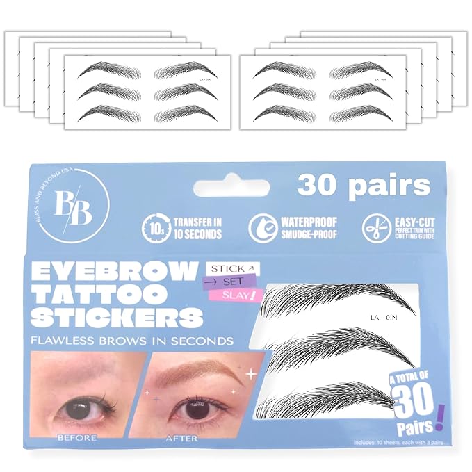 Bliss and Beyond USA Eyebrow Tattoo Stickers Waterproof – 30-Pair Deluxe Box | by BlissandBeyondUSA