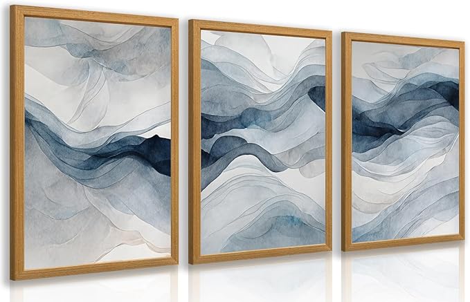 IAFWZX Wood Framed Blue Gray Abstract Wall Art, Modern Minimalist Waves Wall by Unknown