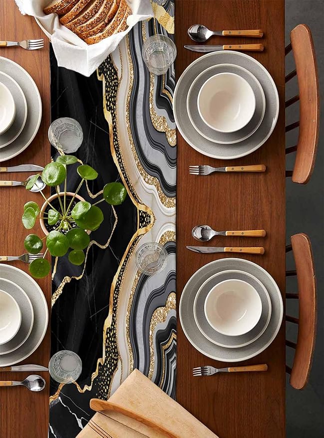 Geometric Black Marble Cotton Linen Table Runner - Image 5