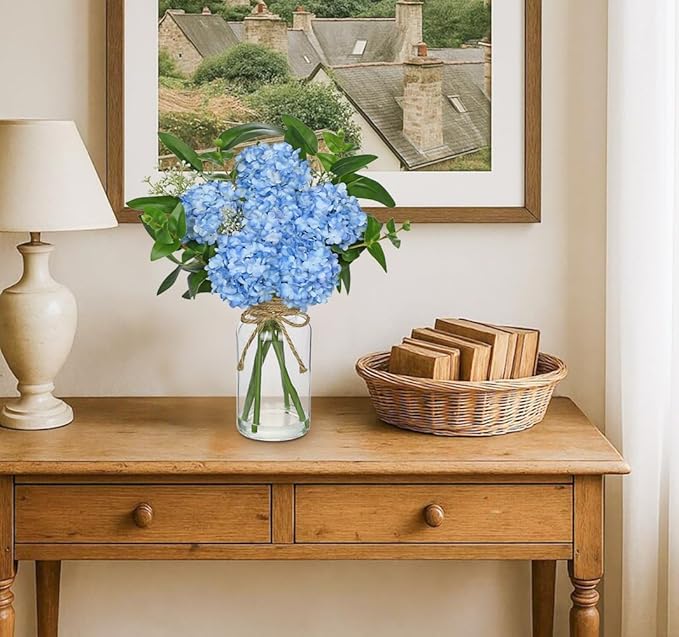 Hollyone Blue Hydrangea Artificial Flowers in Clear Glass Vase - Image 5