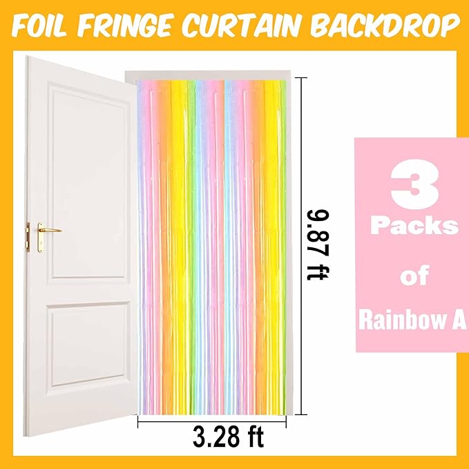 3 Pack Rainbow A Foil Fringe Curtains Backdrop, 3.28 x 9.8 Ft Metallic - Image 2
