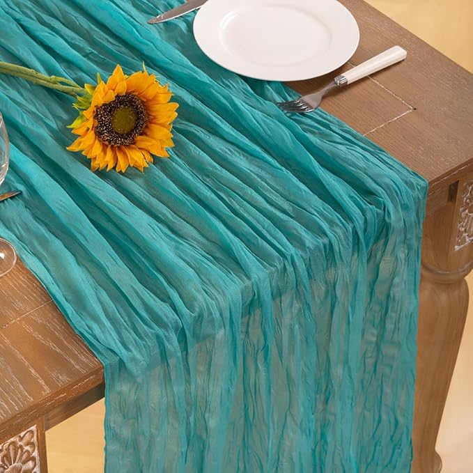 Teal Green Cheesecloth Table Runner Fall Table Runner Boho Gauze 120 Inches - Image 5