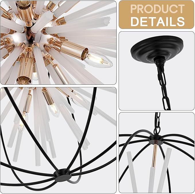 31.5" Black Gold 16-Light Globe Sputnik Chandelier Modern Industrial Adjustable - Image 3