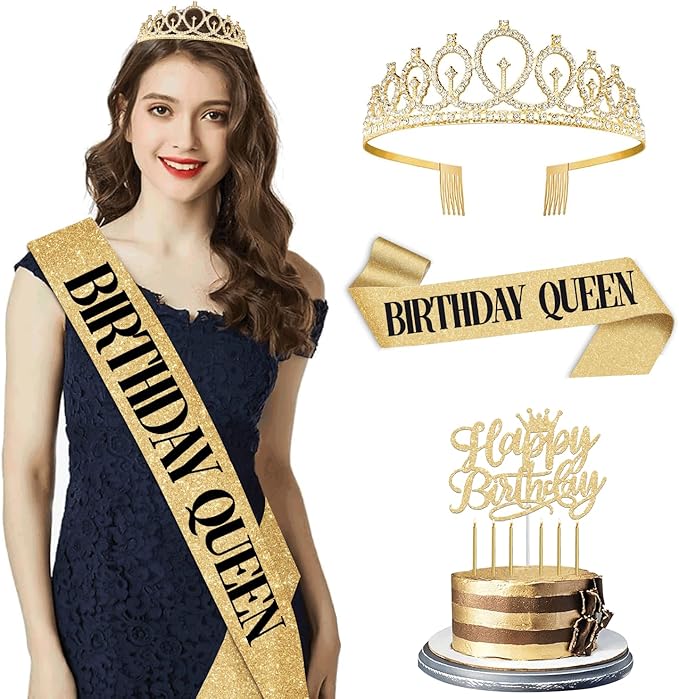 Birthday Decorations for Women/Girls, Including Queen Sash and Crown, Cake - Image 2