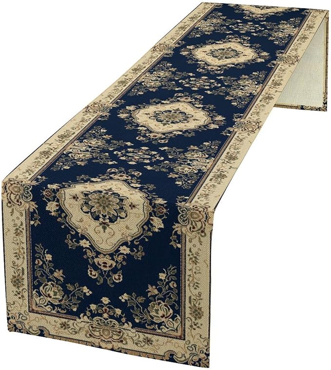Vintage Elegant Farmhouse Table Runner Blue Beige Flower by Unknown
