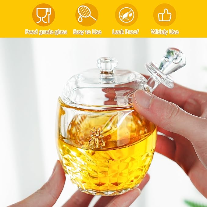 kanpura Honey Pot with Dipper and Lid Glass Honey Jar with Dipper Wide Mouth - Image 2