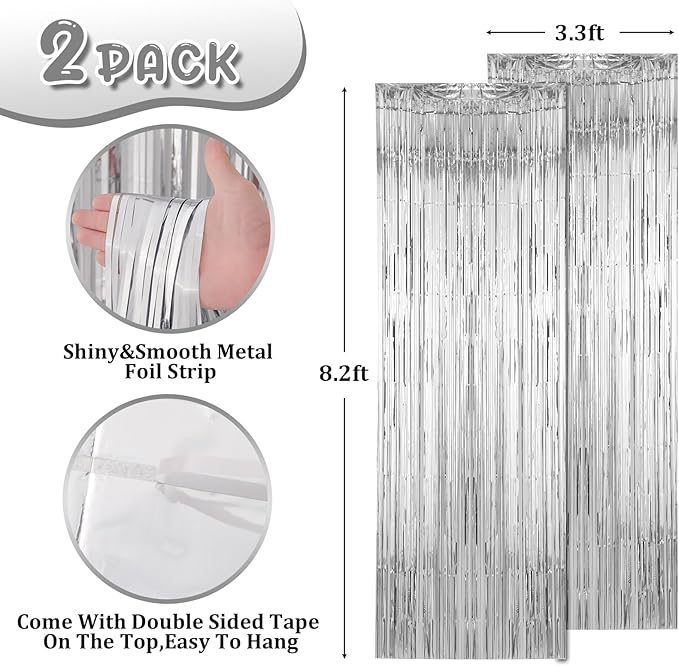 2 Pack Silver Foil Fringe Backdrop Curtains, Tinsel Streamers Birthday Party - Image 3