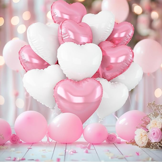 Pink White Heart Balloons, 18Inch White Helium Polyester Film Balloon - Image 5