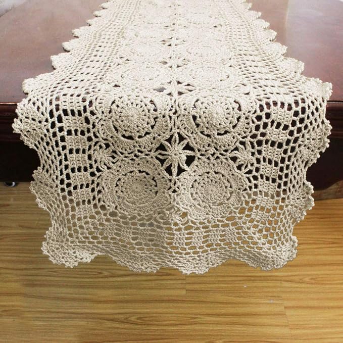 KEPSWET Cotton Handmade Crochet Lace Table Runner Beige Rectangle Coffee Table - Image 5