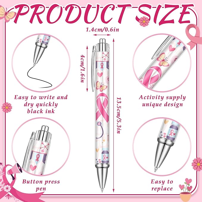 24 Pcs Breast Cancer Awareness Gift Pen Pink Ribbon Black Ink Ballpoint Writing - Image 3