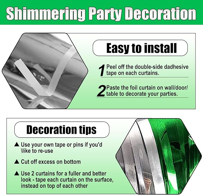 6 Pack Silver Green Foil Fringe Curtain Backdrop, 3.28Ft x 8.2Ft Metallic - Image 3