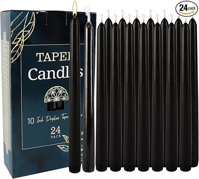 24 Pack Black Taper Candles, 7-8 Hours Burn Time, Smokeless and Dripless by CAKETYCG