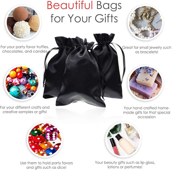 5" x 8" Black Satin Gift Bags, Jewelry Bags, Wedding Favor Drawstring Bags Baby - Image 3