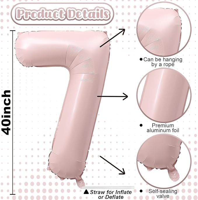 Light Pink Number Balloon 7, 40 Inch Large Self Inflating 7 Foil Number - Image 2